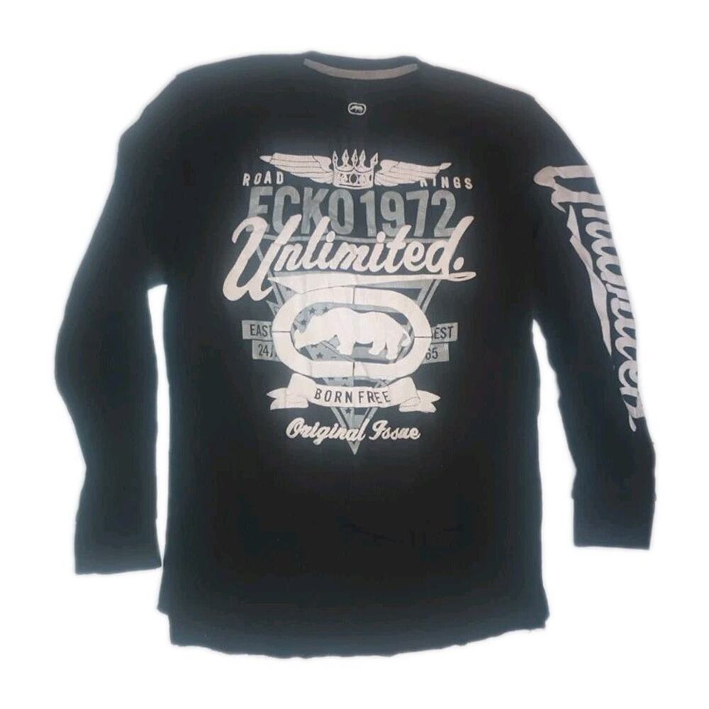 Ecko Unltd Men's L Black Long Sleeve Thermal Tee Graphic Logo Unlimited Y2K